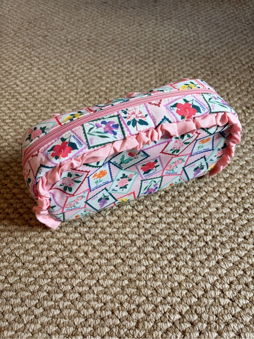 Pink Floral Ruffled Cosmetic Pouch